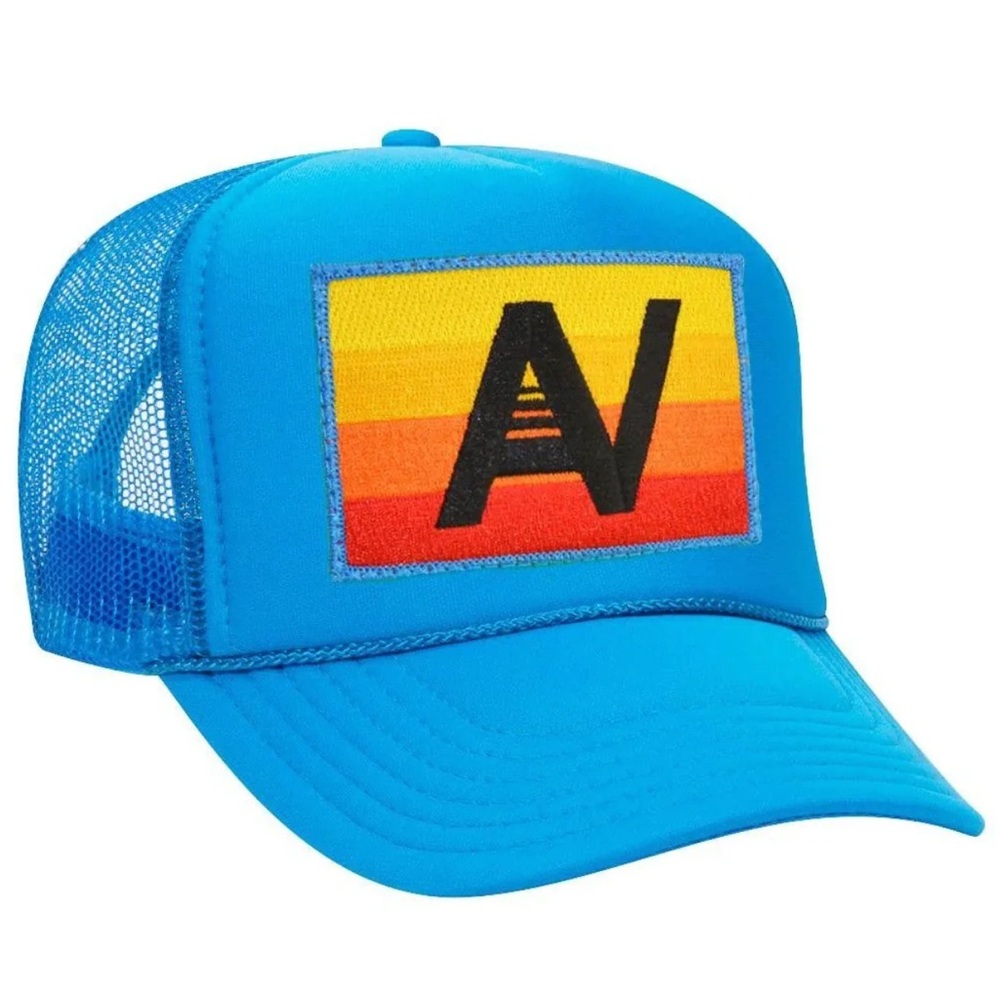 Aviator Nation Logo Rainbow Vintage Trucker Hat in NEON BLUE